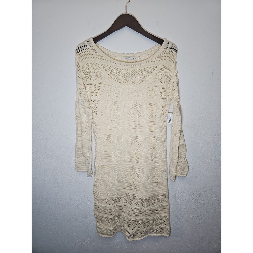 Old Navy Crochet Mini Dress Women's Size  M Long Sleeve Cream Boho Beachy‎